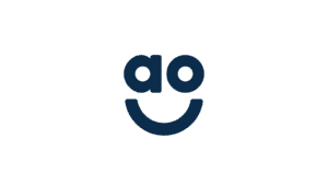 AO logo featuring a smiley face design in navy blue