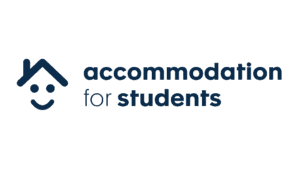 accommodation for students logo with house and smiley design in blue
