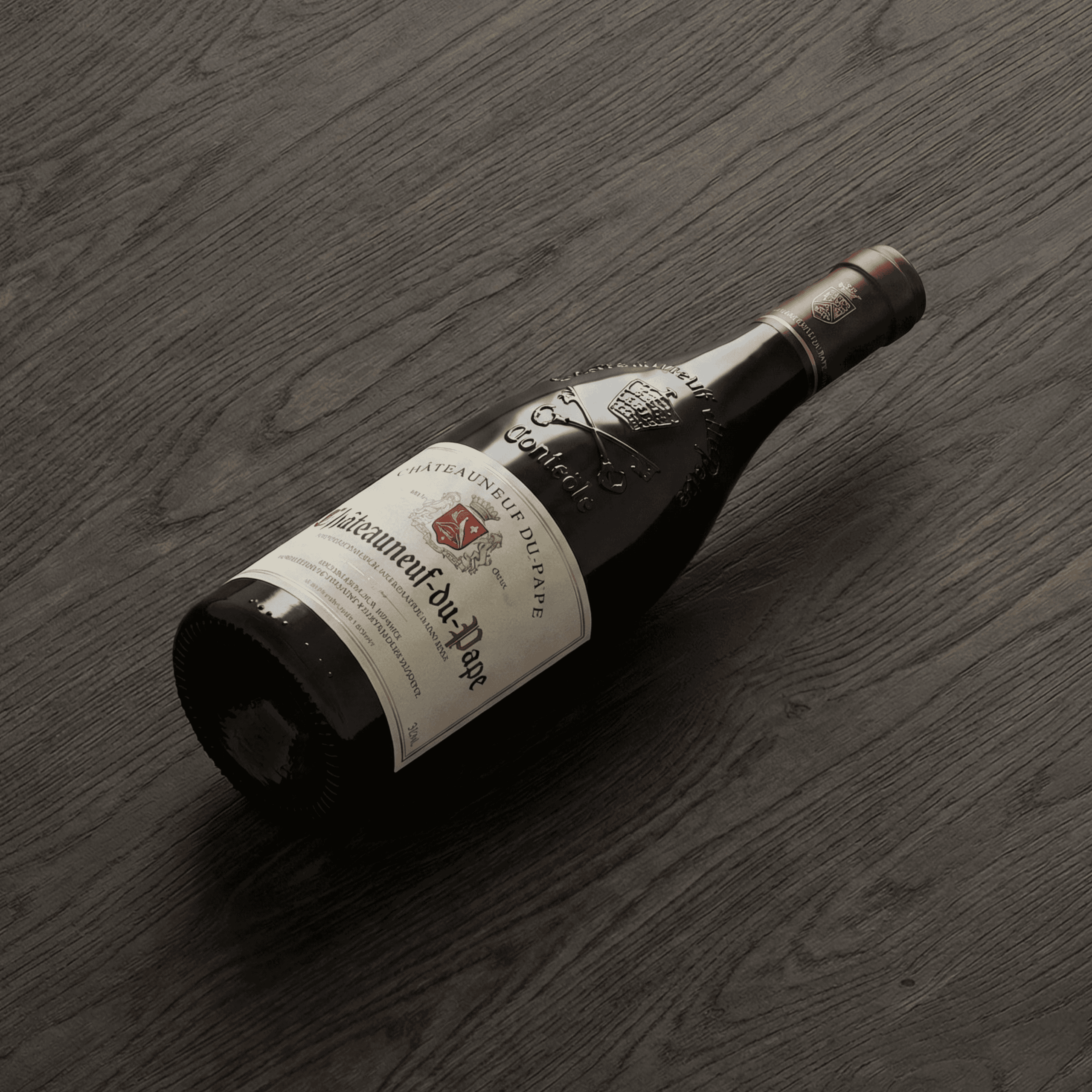 Châteauneuf-du-Pape wine bottle on wooden surface.