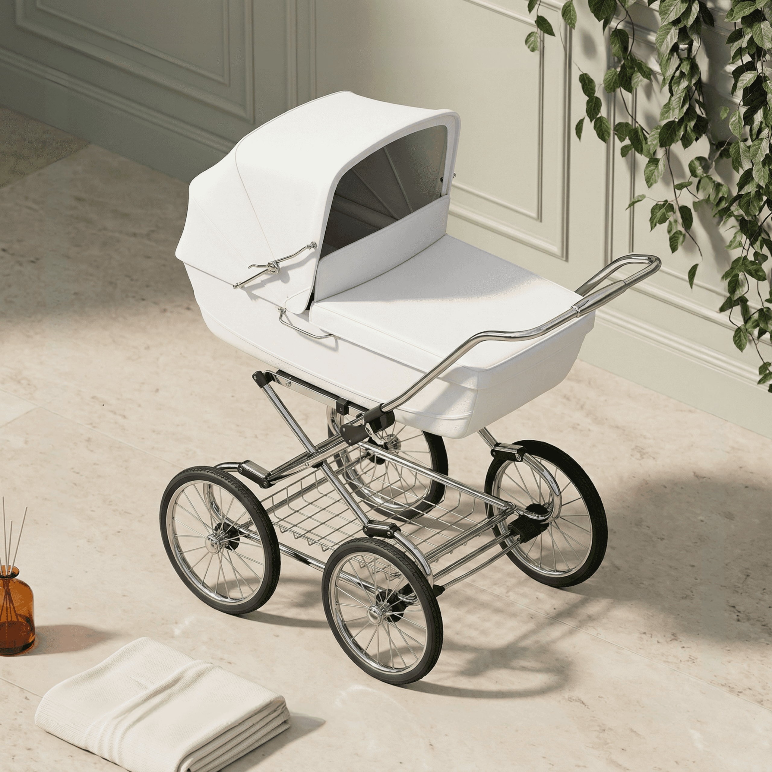 Modern white baby carriage with canopy on metal frame in contemporary interior