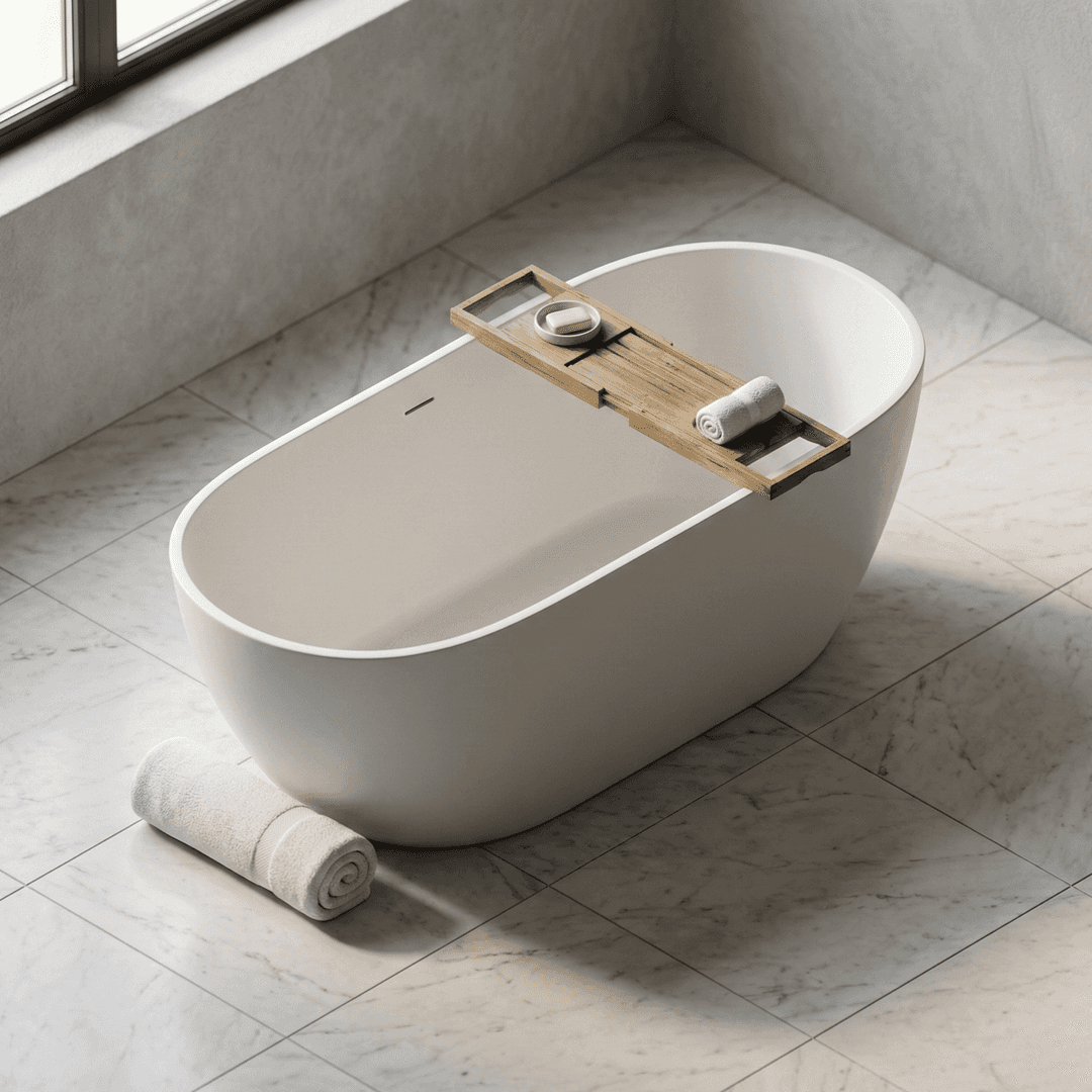 Freestanding bathtub with wooden tray on marble floor, featuring rolled towel and soap, in minimalist bathroom.