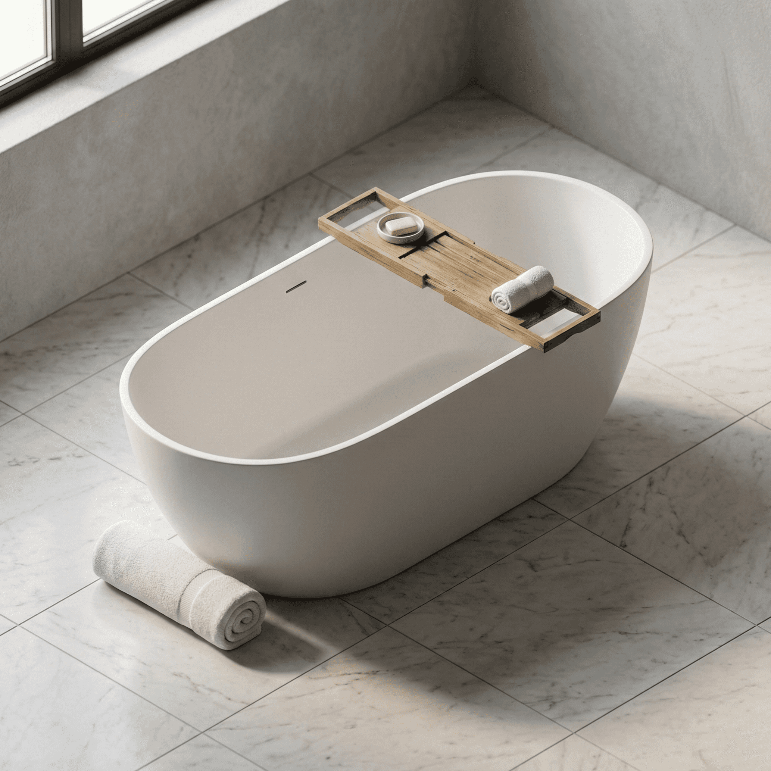 Freestanding bathtub with wooden tray on marble floor, featuring rolled towel and soap, in minimalist bathroom.