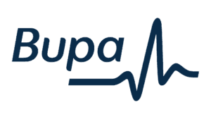 Bupa logo with a blue line representing a heartbeat, related to healthcare and wellness.