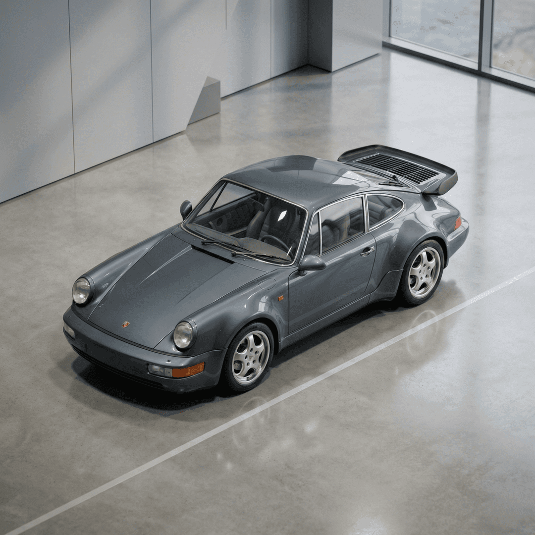 Classic grey Porsche 911 parked in modern showroom, luxury vintage car highlights.
