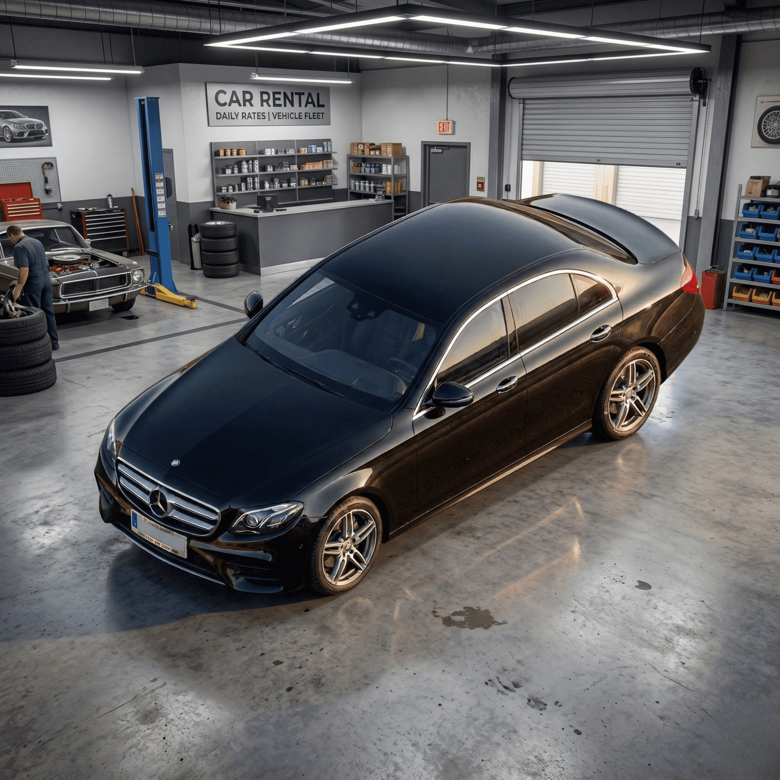 Luxury black Mercedes-Benz sedan with gold wheels displayed in modern car rental showroom