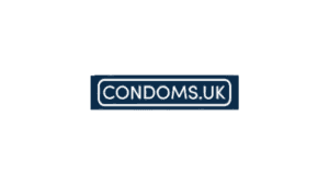 Condoms.uk logo on navy blue badge with white lettering