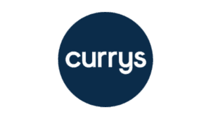 Currys logo with white lettering on dark blue circle