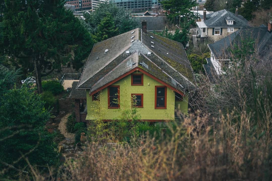Yellow house stands out amid forest vegetation, aerial view