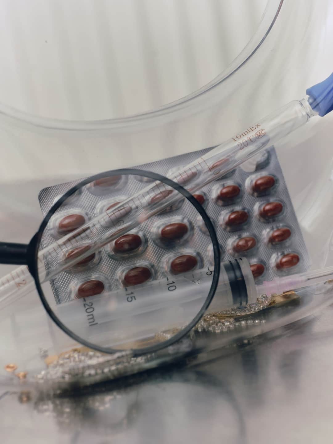 Magnifying glass examining medication blister packs for pharmacy industry analysis