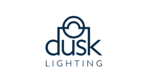 Dusk Lighting logo with light bulb icon and navy blue modern branding