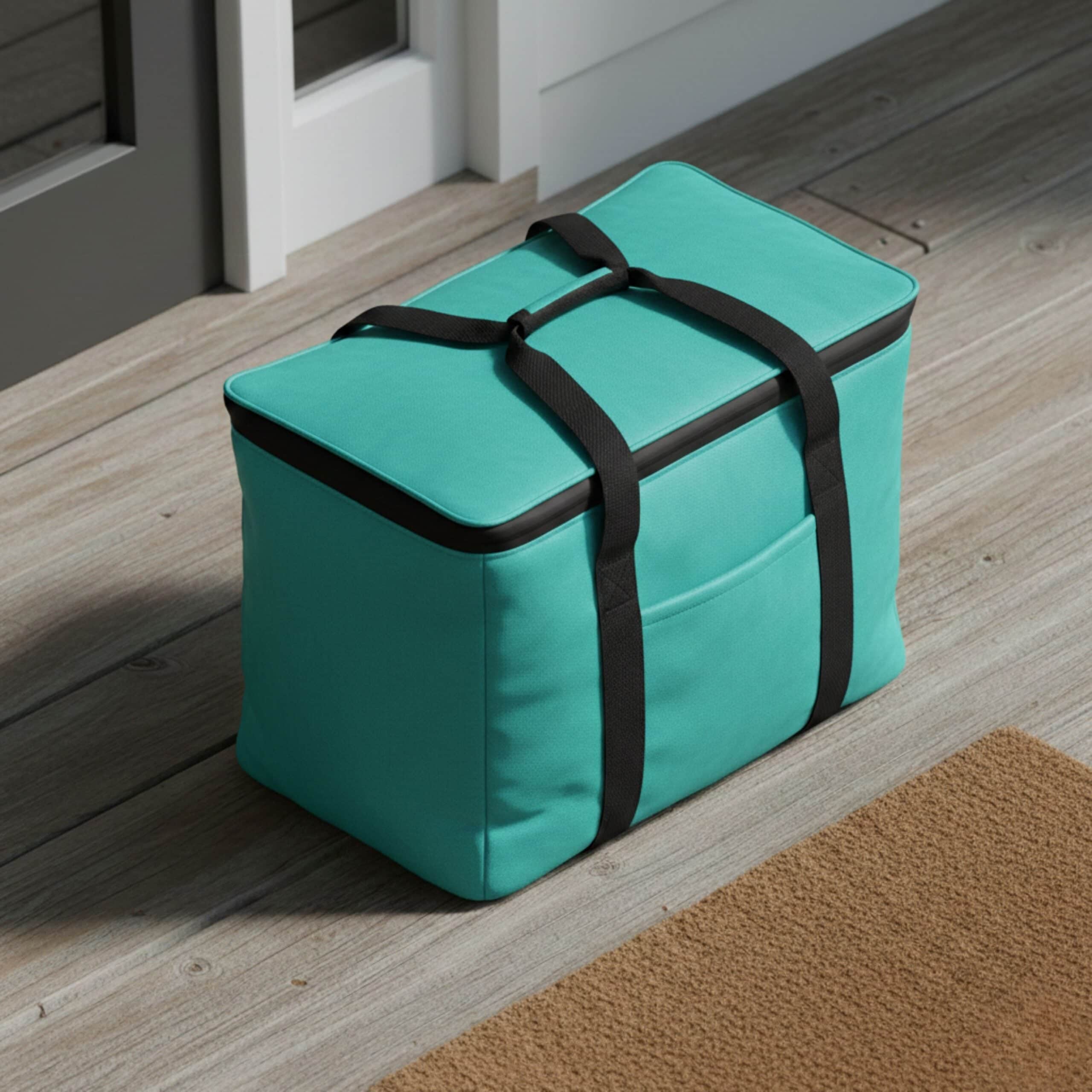 Turquoise insulated cooler bag with black straps on wooden deck near door.