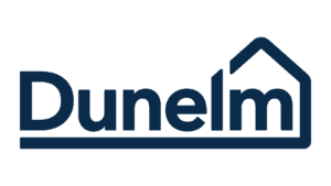 Dunelm home and interiors logo with dark blue text and house roof symbol