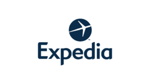 Expedia logo featuring circular blue icon with white airplane symbol