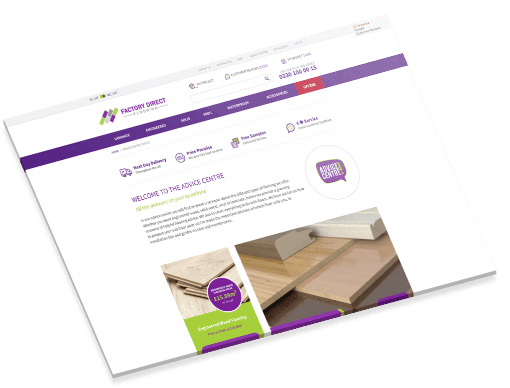 Factory Direct Flooring website home page showing products and services.