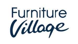 Furniture Village logo in dark blue and white with script lettering