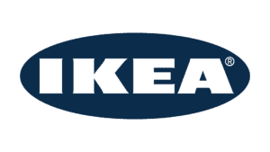IKEA logo with white lettering and trademark symbol on blue oval background