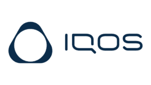 IQOS logo with navy circular symbol and text wordmark