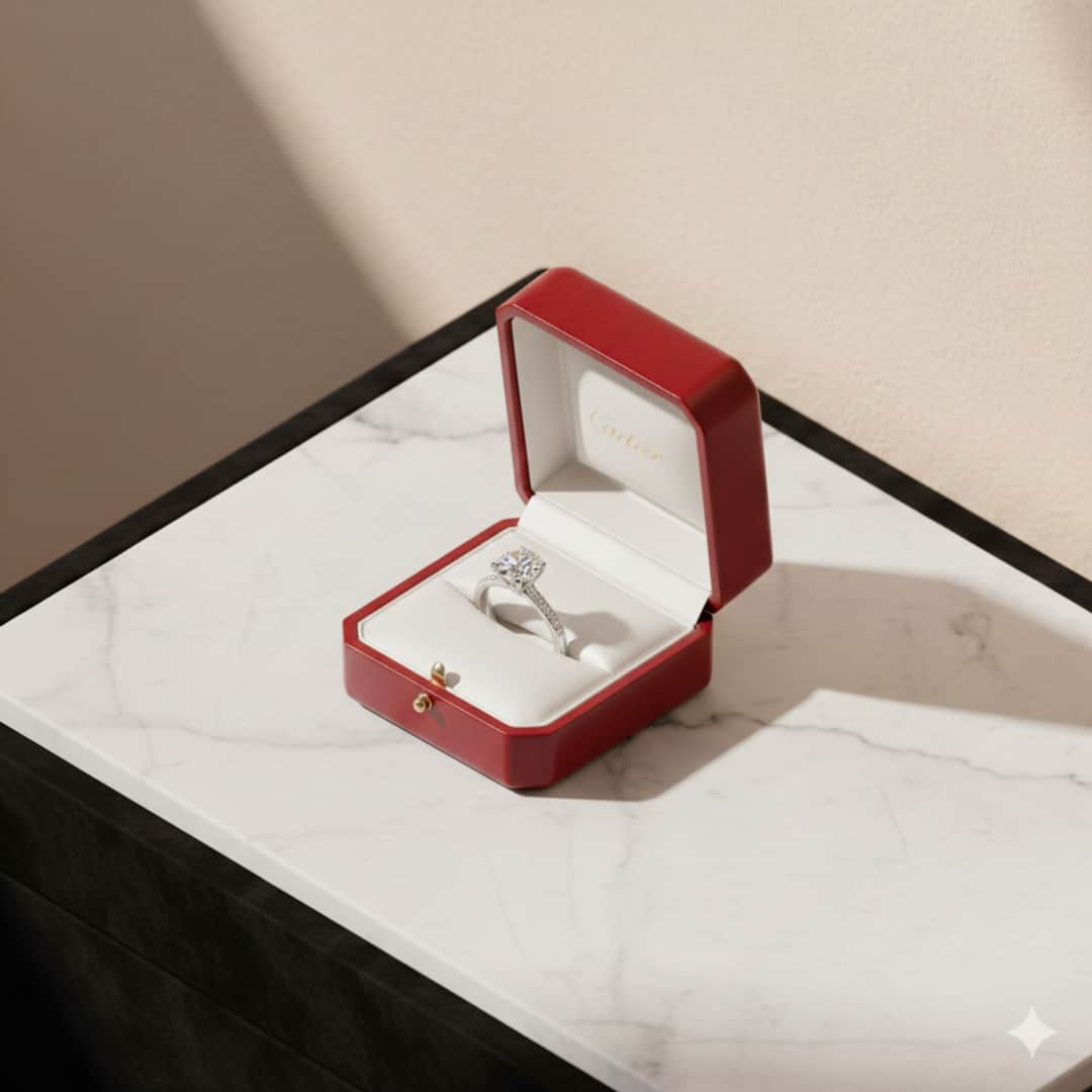 Luxury engagement ring in Cartier box on marble surface.