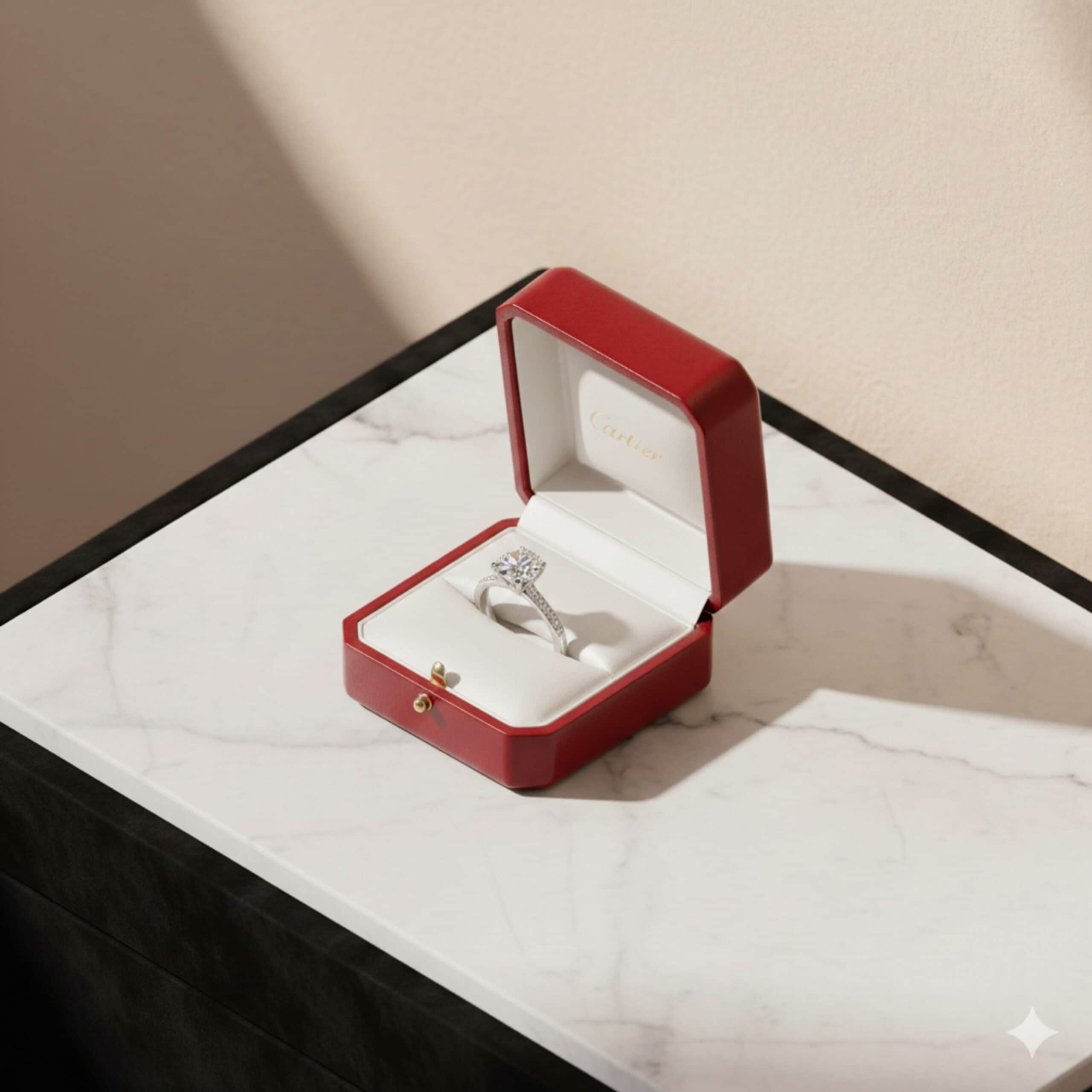 Luxury engagement ring in Cartier box on marble surface.