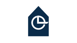 Last-Minute logo with lowercase e in dark navy house shape