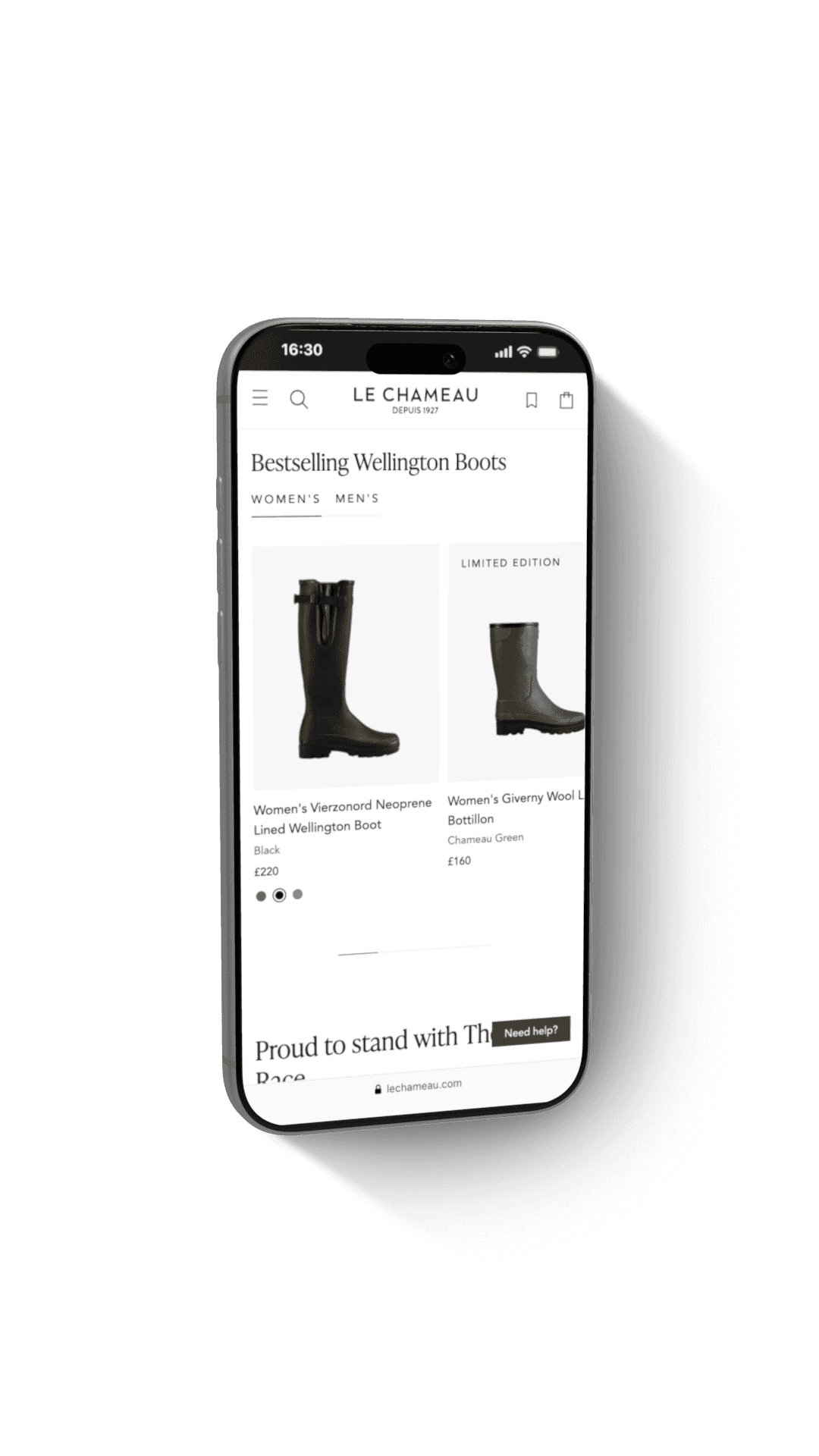 Mobile display of Le Chameau bestselling Wellington boots collection with prices.