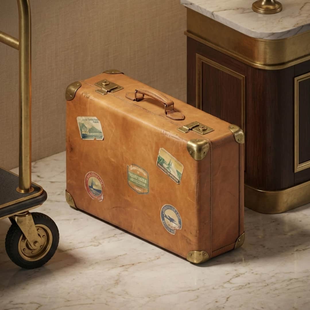 Vintage leather suitcase with travel stickers beside a hotel luggage trolley