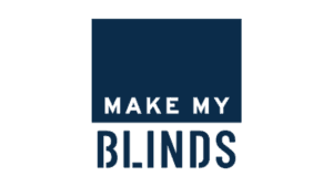 Logo for Make My Blinds in dark blue with bold text.