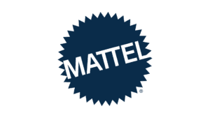 Mattel logo on dark blue circular badge with spiky edges
