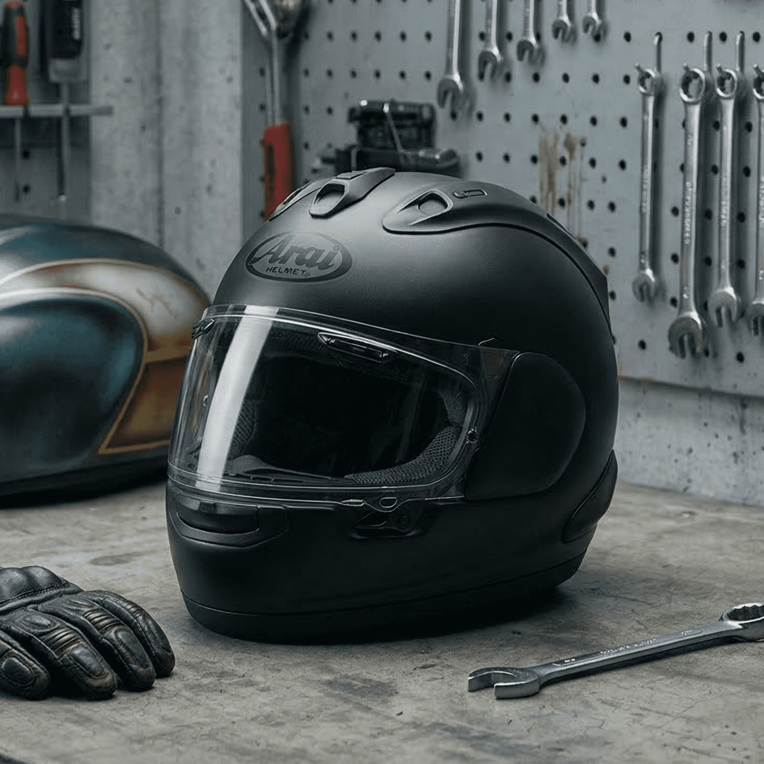 Motorcycle helmet and protective gloves displayed in garage workshop