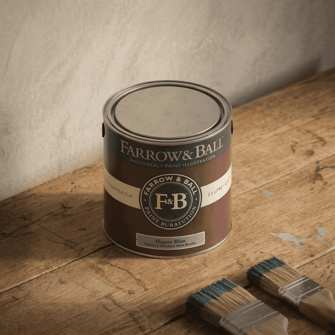 Farrow & Ball Hague Blue interior paint can with brushes on wooden floor