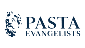 Pasta Evangelists logo featuring stylized portrait and navy brand text