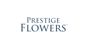 Prestige Flowers luxury florist logo in dark blue serif