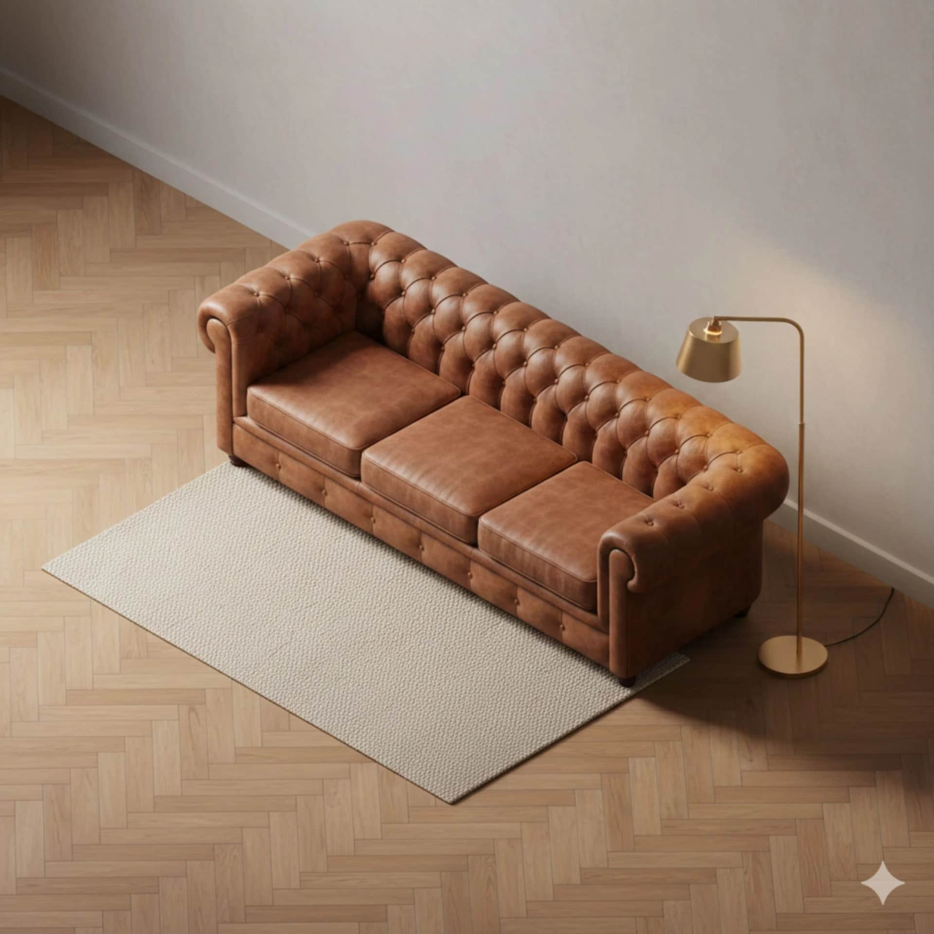 Brown leather Chesterfield sofa with floor lamp on hardwood floor in Salience media library.