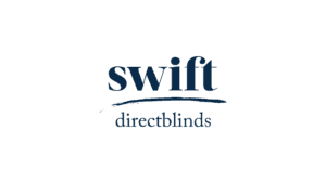 Swift Direct Blinds logo with blue text on a transparent background.