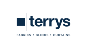 Terrys logo showcasing fabrics, blinds, curtains in bold blue text.