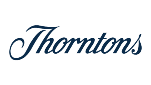 Thorntons logo in dark blue italic text