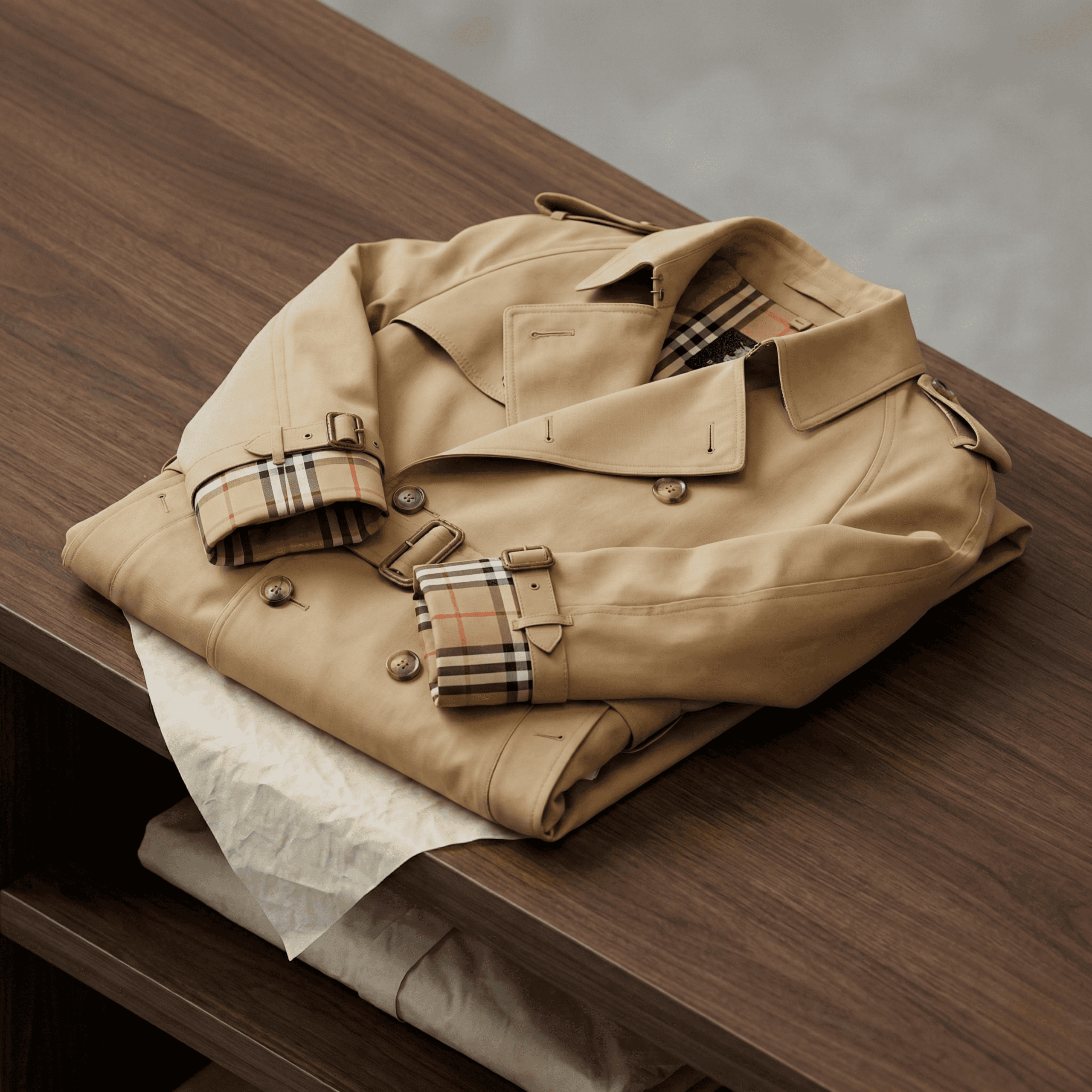 Beige trench coat with plaid cuffs folded on wooden table