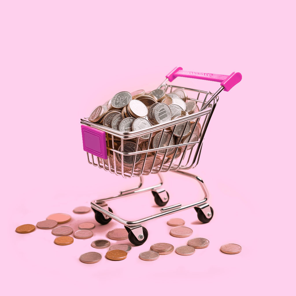 Mini shopping cart filled with coins on pink background, representing ecommerce success and financial growth.