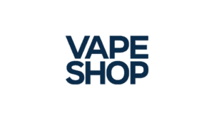 Vape shop logo in bold navy blue letters