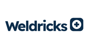 Weldricks Pharmacy logo with blue text and a medical cross symbol
