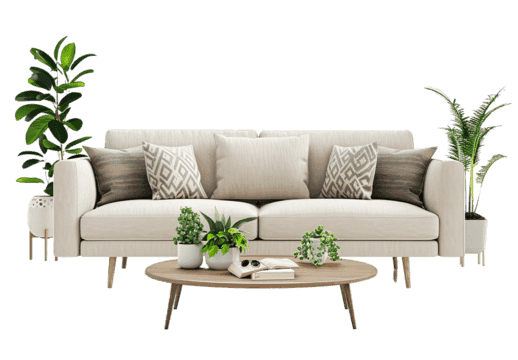 Beige sofa with decorative pillows, surrounded by green potted plants, styled for modern living room inspiration.