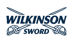 Logo of Wilkinson Sword with crossed swords in dark blue.