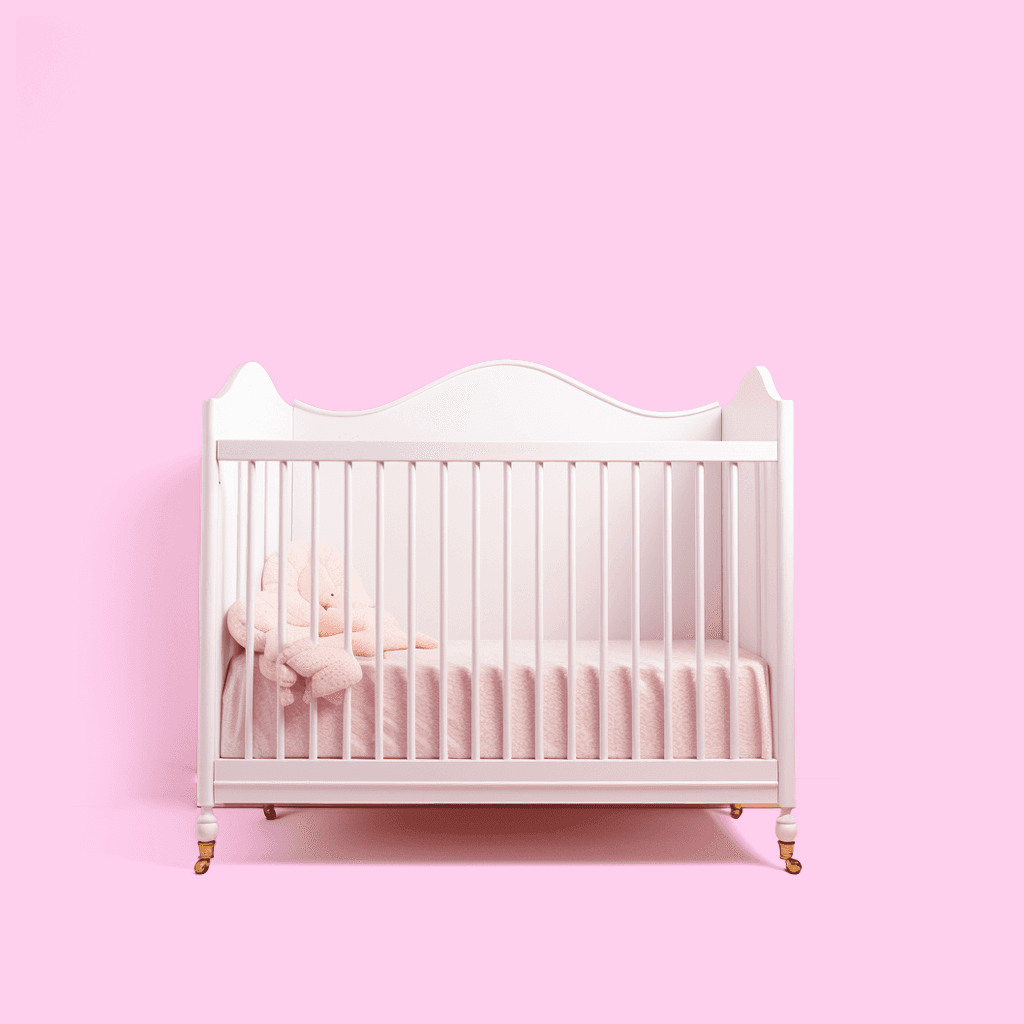 White baby cot with pink bedding and a teddy bear against a pink background, illustrating baby product branding.