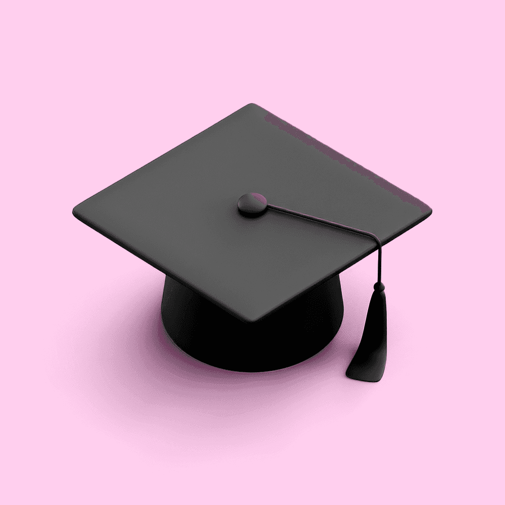 Graduation cap on pink background symbolizing education in content marketing without a formal degree.
