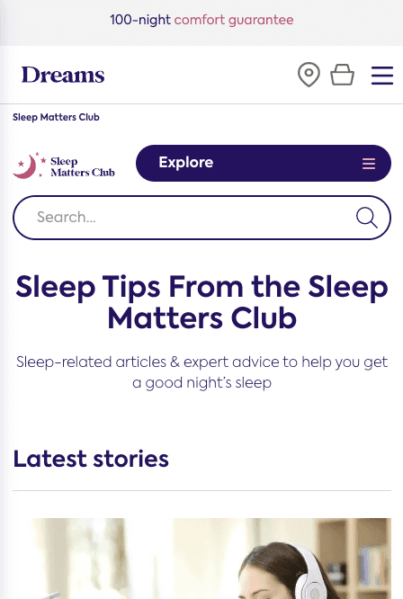 Dreams sleep app interface displaying Sleep Tips from Sleep Matters Club with search and explore