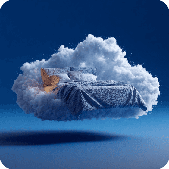 Floating bed on fluffy cloud in a blue sky, symbolizing dreamlike comfort and relaxation.