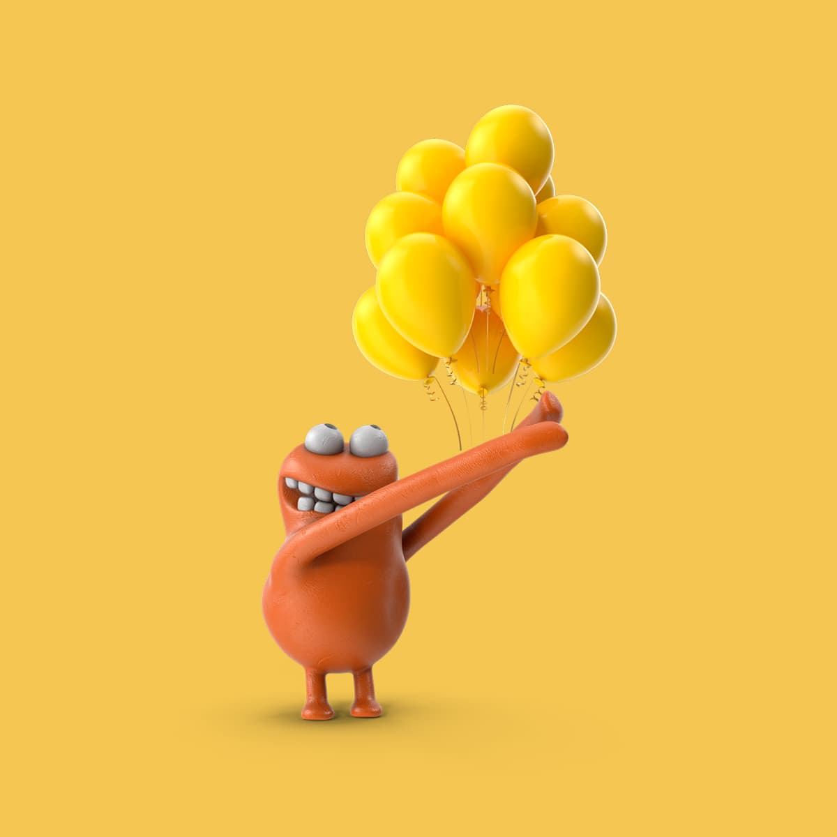 Cheerful 3D character with yellow balloons celebrating marketing success