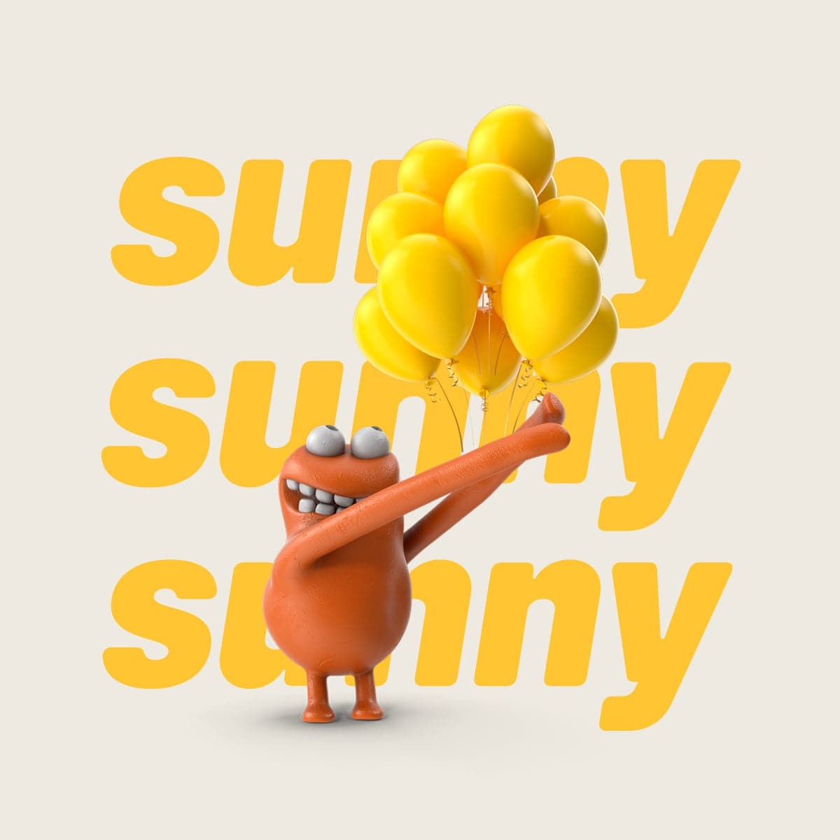 Cheerful orange character holding yellow balloons with sunny text overlay