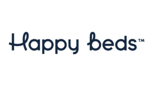 Happy Beds logo in dark blue text on a white background