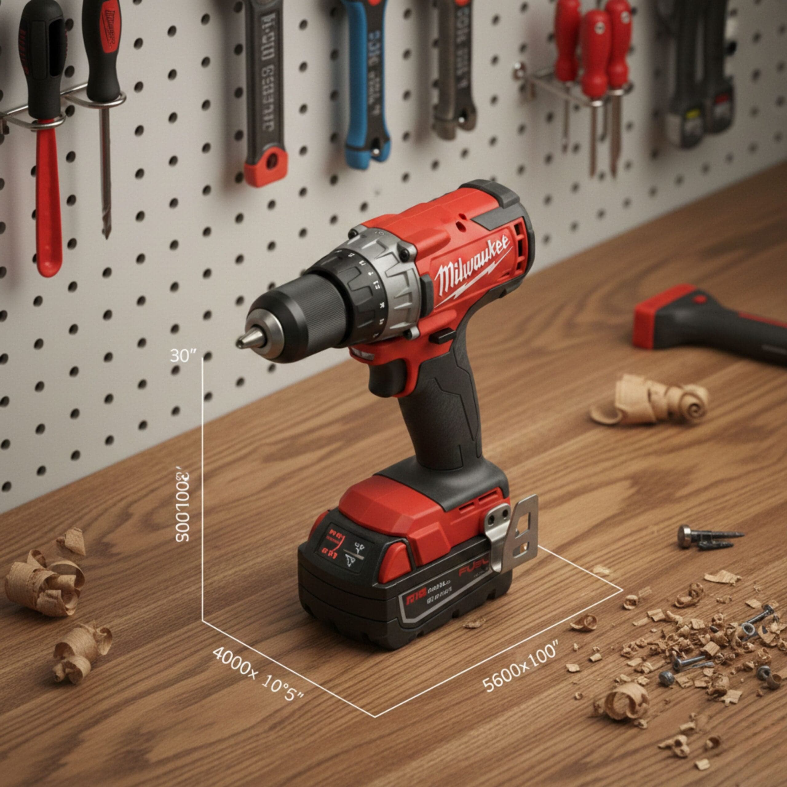 Milwaukee cordless drill on wooden workbench with dimensions and tool pegboard background